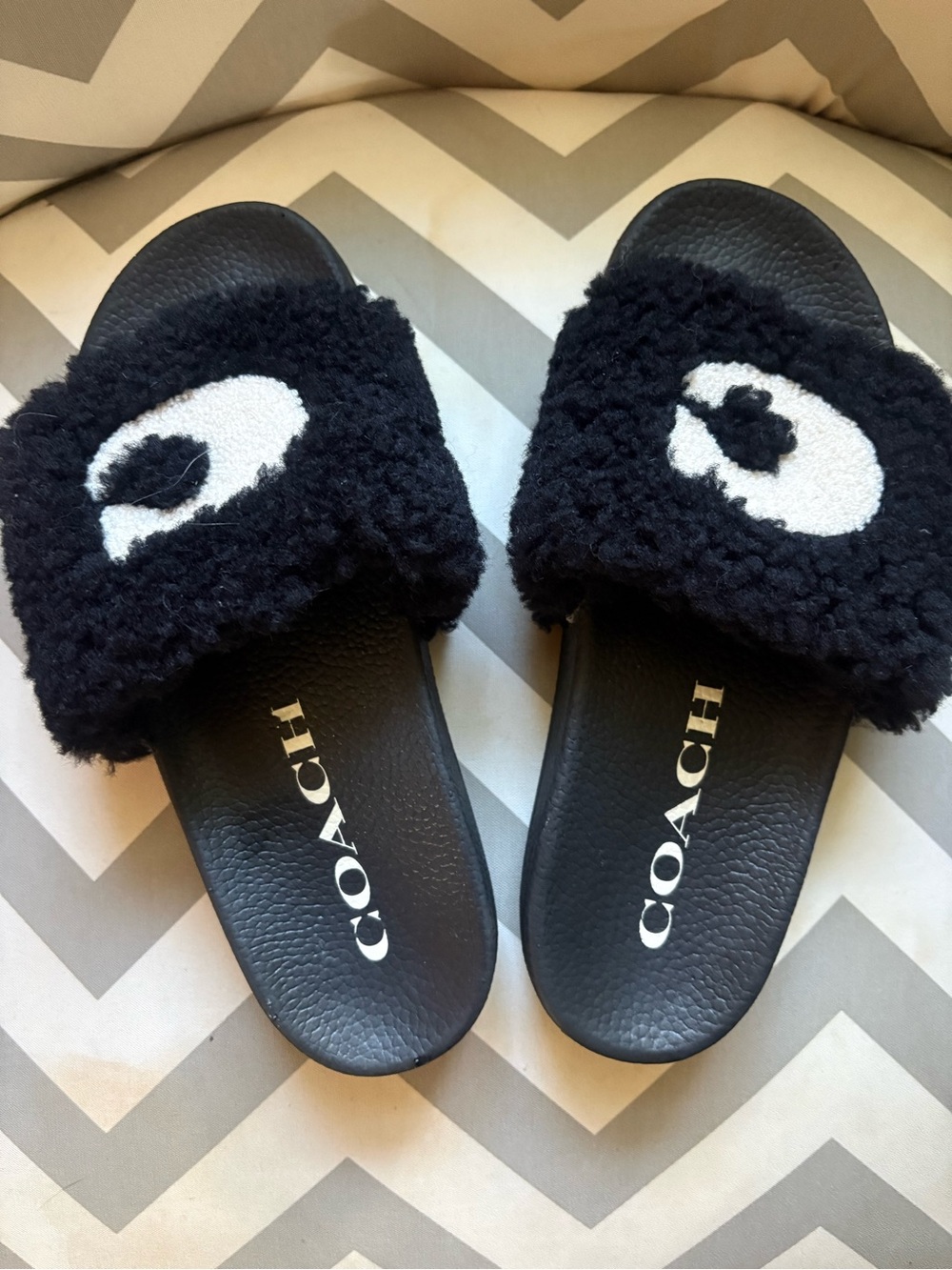 COACH Black Faux-Shearling Logo Slide Sandals